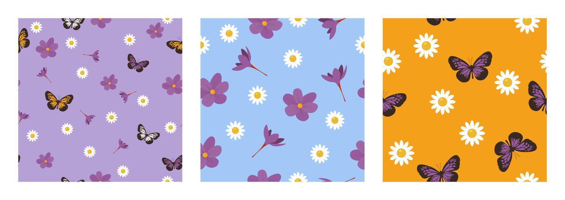 Set of seamless pattern with flowers, butterflies, crocus, daisy. Floral summer, spring illustration for textile, paper, fabric, background, print design vector