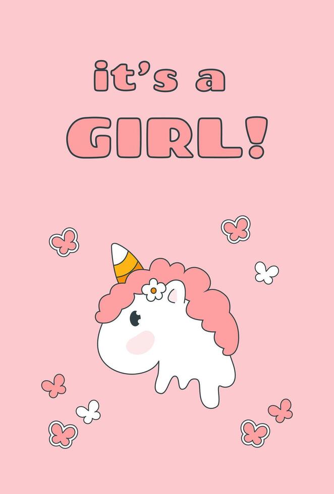 Baby shower invitation with cartoon unicorn with butterflies on pink background. It's a girl. Illustration for card, poster, banner, print design in y2k style vector
