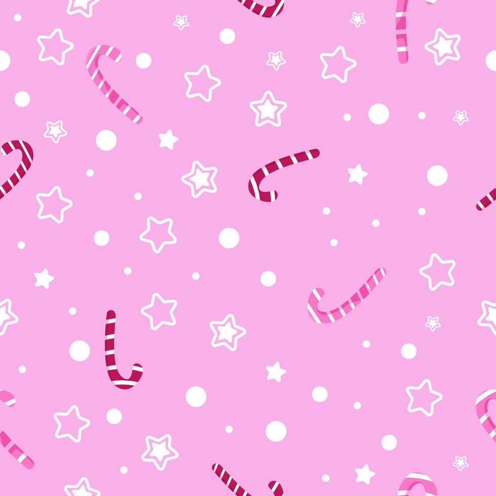 Seamless pattern, New Year's holiday design wrap. Candy Cane, snowflakes on a pink background. Illustration for textile, paper, fabric vector