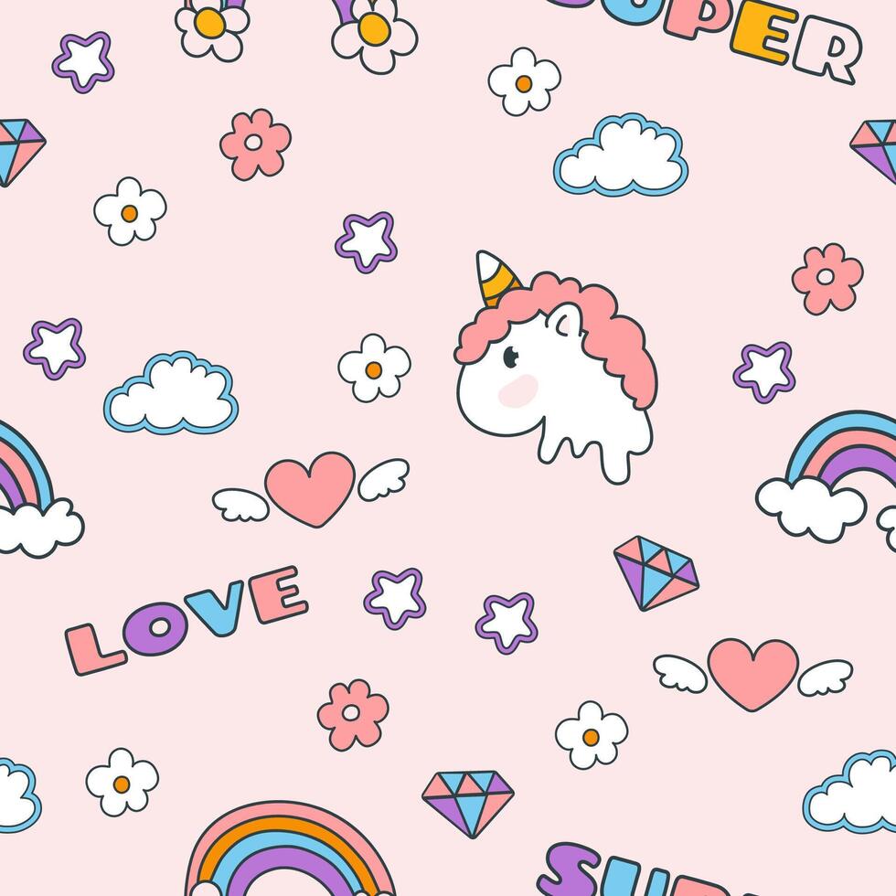 Seamless colorful pattern in y2k style on pink background. Groovy elements, words, unicorn, hearts, clouds, diamands, rainbows, flowers. Illustration for textile, paper, fabric vector