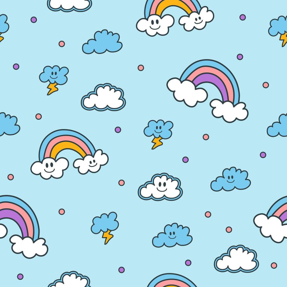 Seamless weather cartoon pattern in y2k style, in four colors. Hand-drawn elements, groovy smiling clouds and rainbows. Illustration for print design, textile, paper, background vector