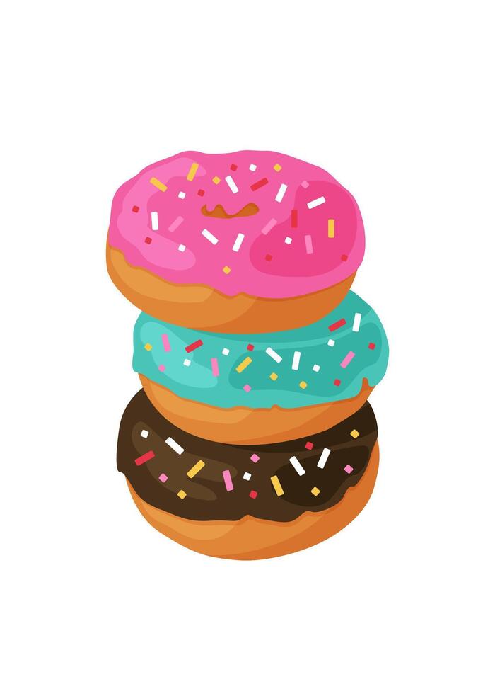 Three donuts with blue, pink, chocolate glaze lying on top of each other. Cartoon donuts illustration for bakery, card, poster, banner, menu, flyer. Side view vector