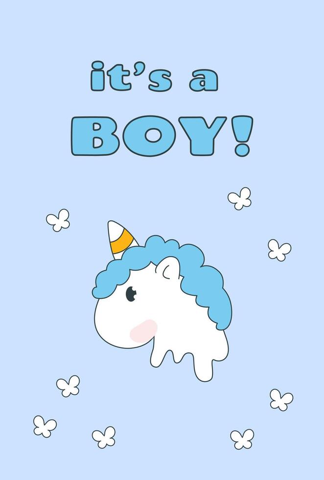 It's a boy. Baby shower invitation with cartoon unicorn with butterflies on blue background. Illustration for card, poster, banner, print design in y2k style vector