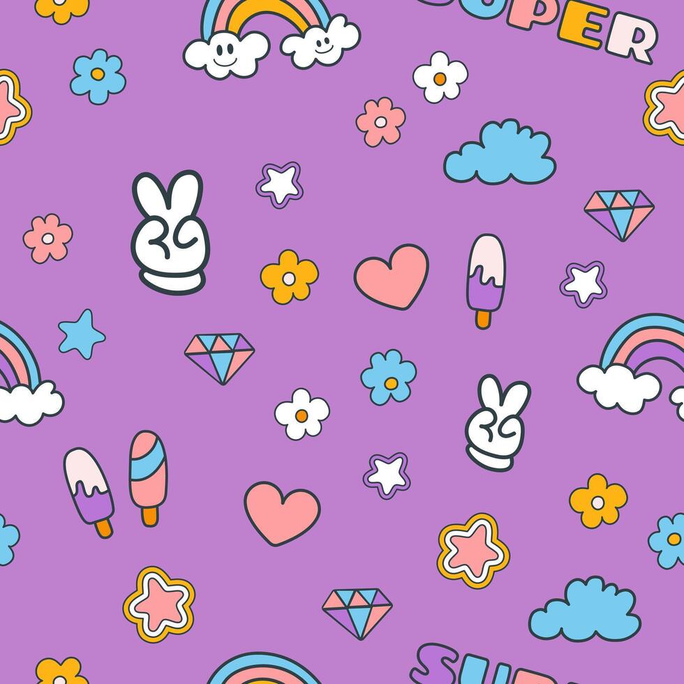 Seamless colorful pattern in y2k style, violet background with groovy elements. Illustration for textile, paper, fabric, background, print design vector