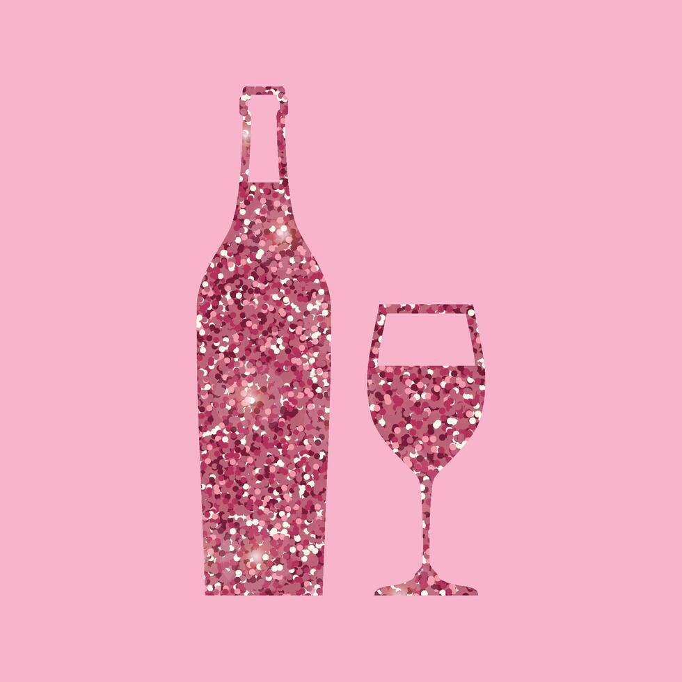 Silhouette of wine bottle and glass with pink glitter effect on pink background vector