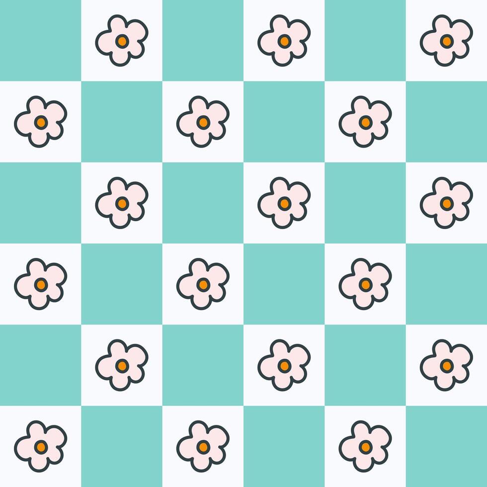 Seamless pattern in y2k style. Blue chessboard with groovy cartoon flowers vector