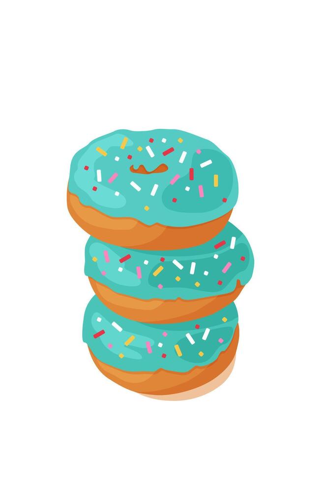 Three donuts with blue glaze lying on top of each other. Cartoon delicious donuts, bakery, dessert illustration for card, poster, banner, menu, flyer. Side view, isolated on white background vector
