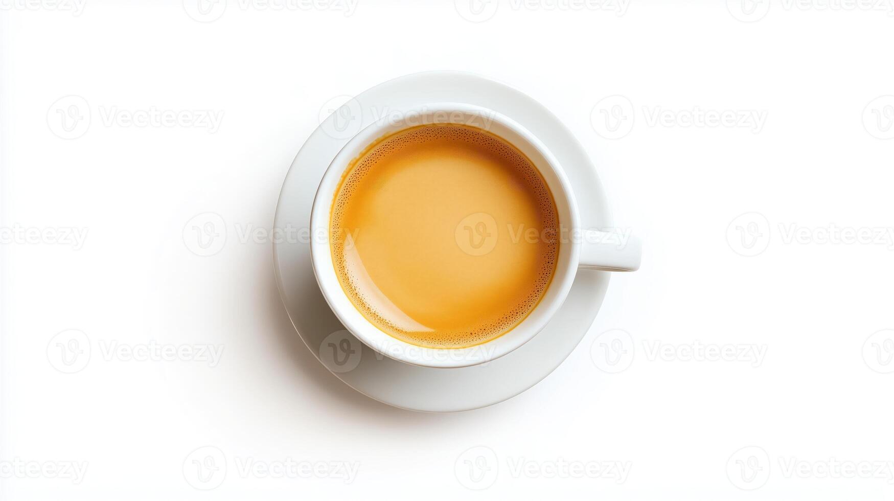 Top view of a cup of aromatic black coffee with rich crema, freshly brewed. White background. caffeine photo