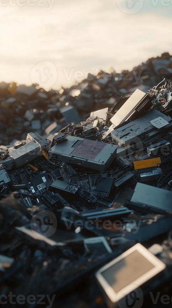 Massive pile of discarded electronics and circuit boards, highlighting e-waste. environmental issues photo
