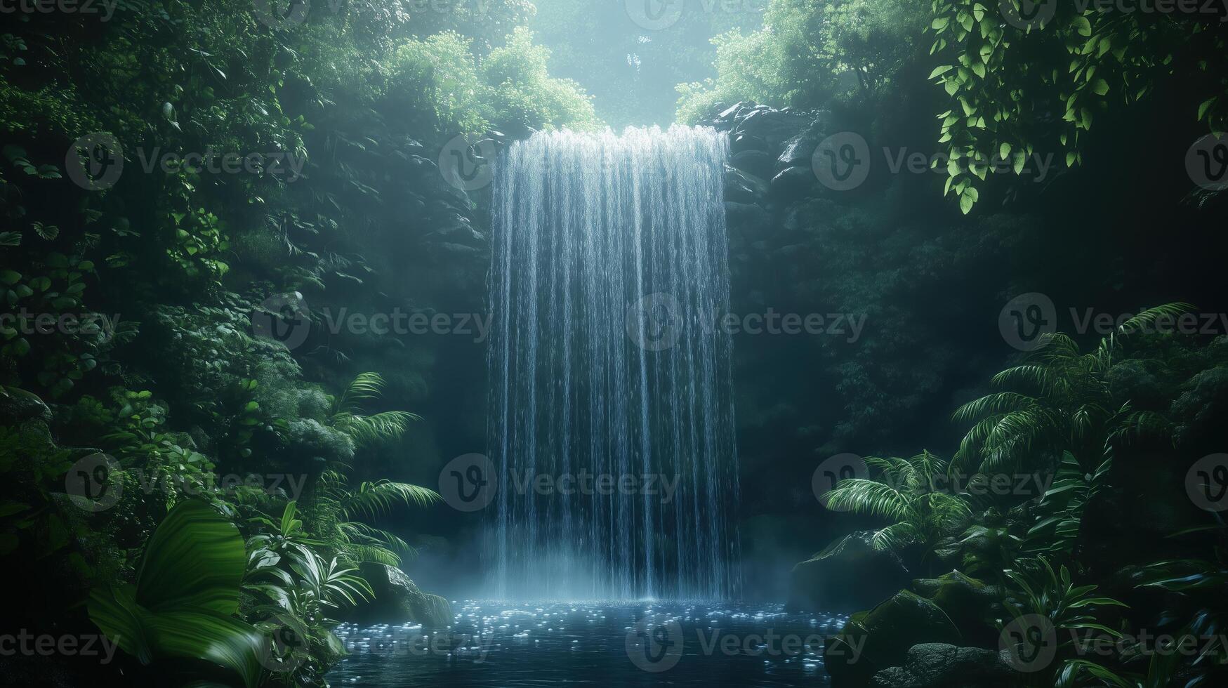 Tropical jungle waterfall cascading through dense rainforest. Serene nature scene, relaxation photo
