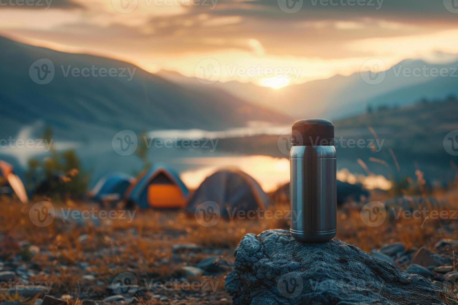 A stainless steel thermos on a stone outdoors. Blurred tourist tent on background. photo