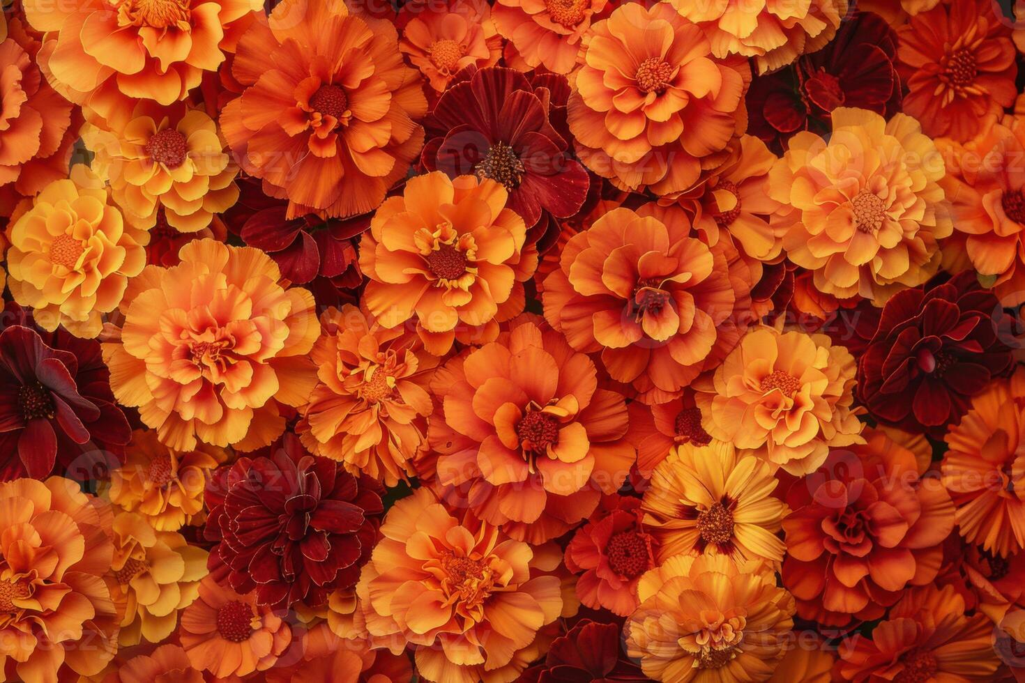 Beautiful orange and dark red marigold flowers background. Autumn or summer background. photo