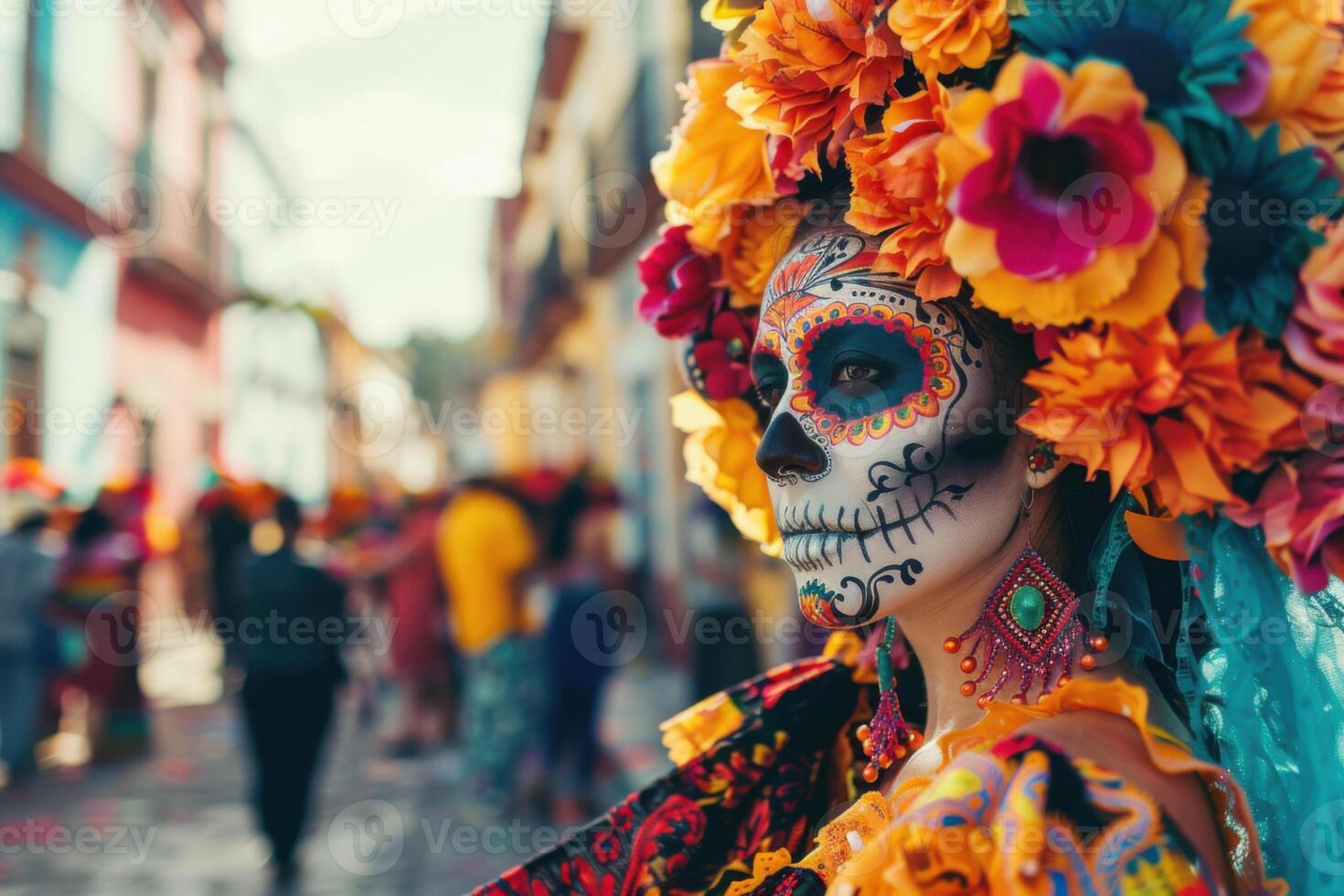 Vibrant parades on a street with floats, skeleton figures, people in full makeup at the Day of the Dead. photo