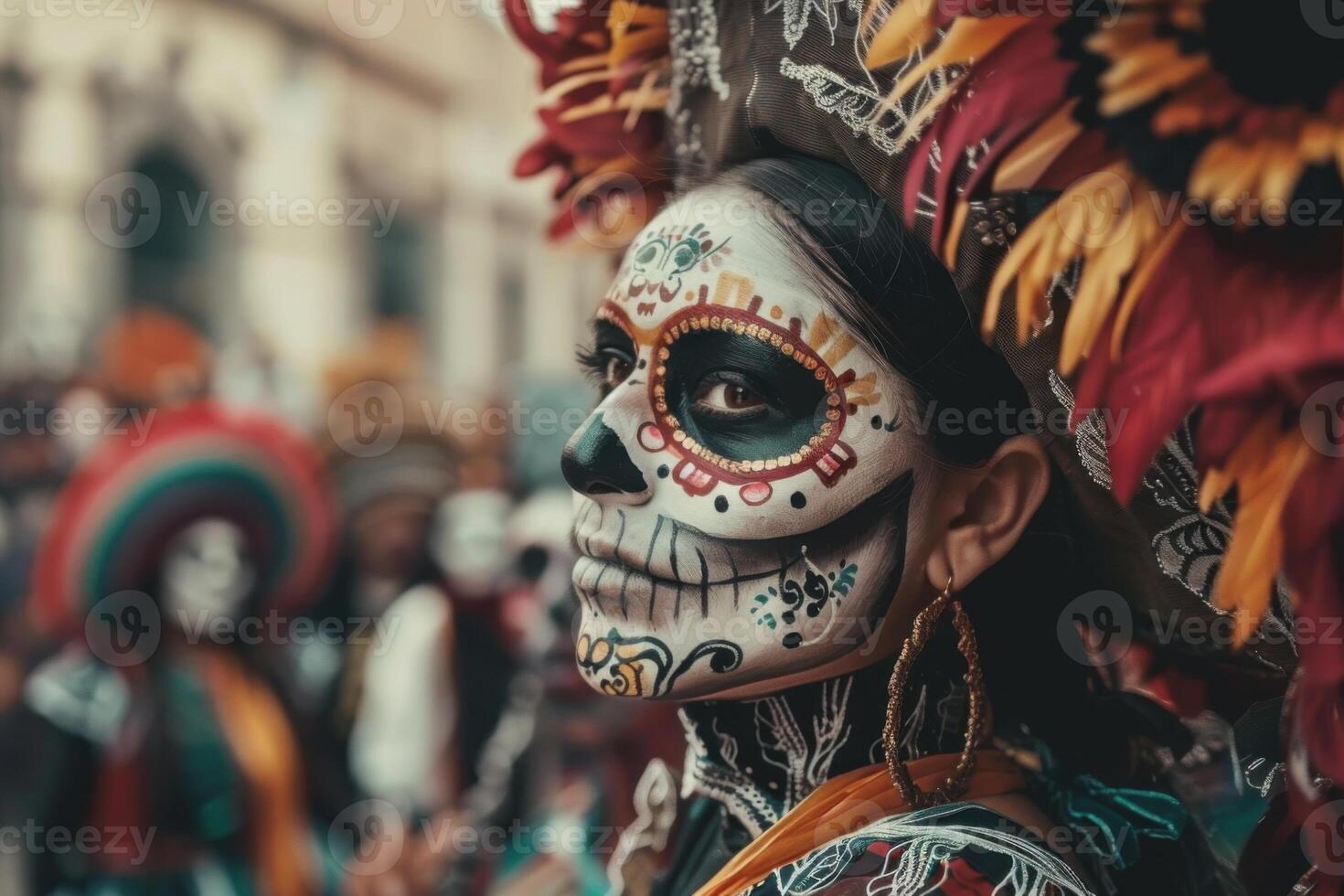Vibrant parades on a street with floats, skeleton figures, people in full makeup at the Day of the Dead. photo