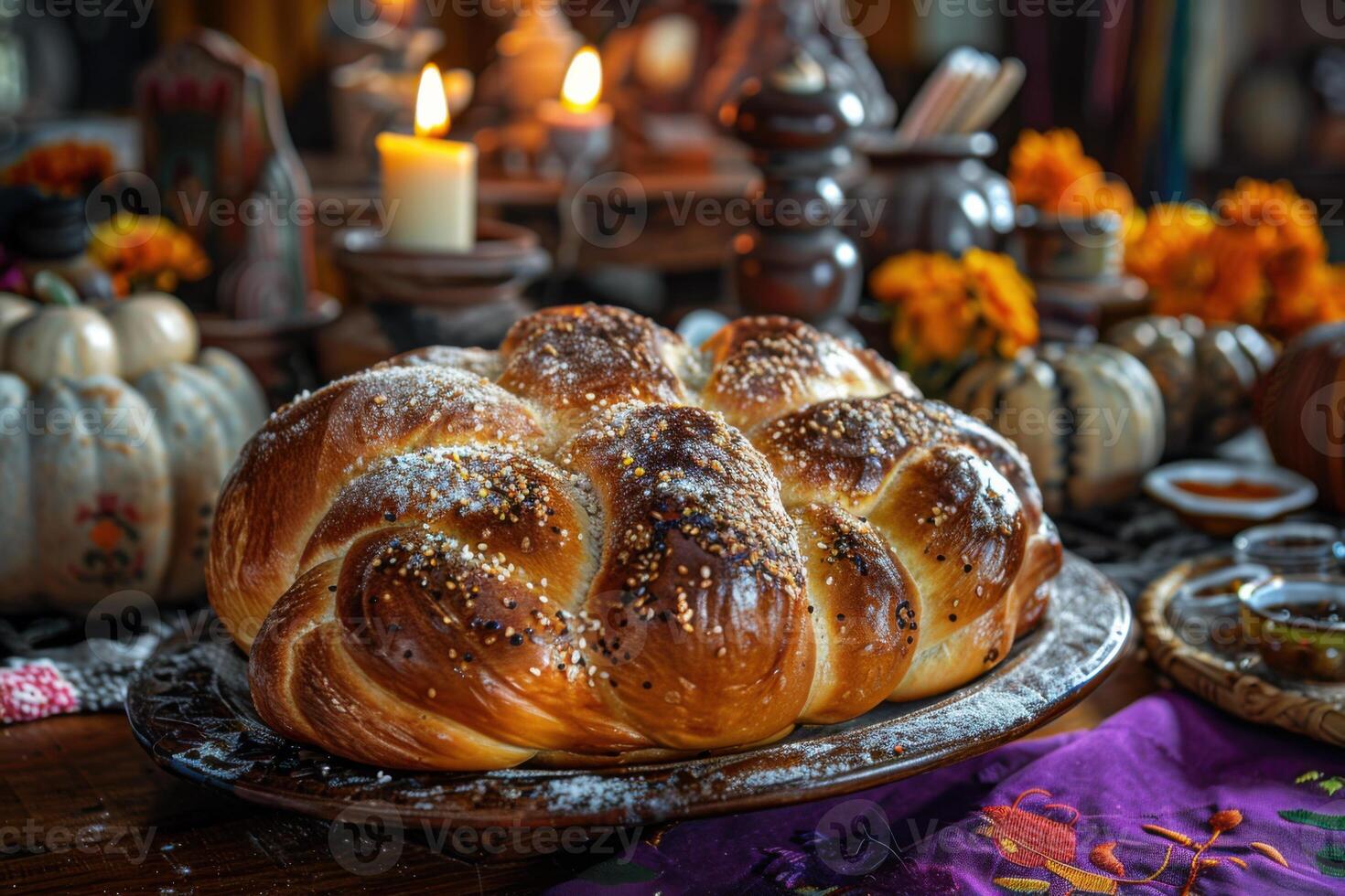 Pan de muerto bread of the dead placed on a altar. Traditional food for Day of the Dead. photo
