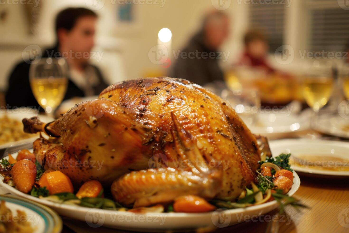 Thanksgiving roast turkey on a dinner table. Blurred family sitting around the table. photo
