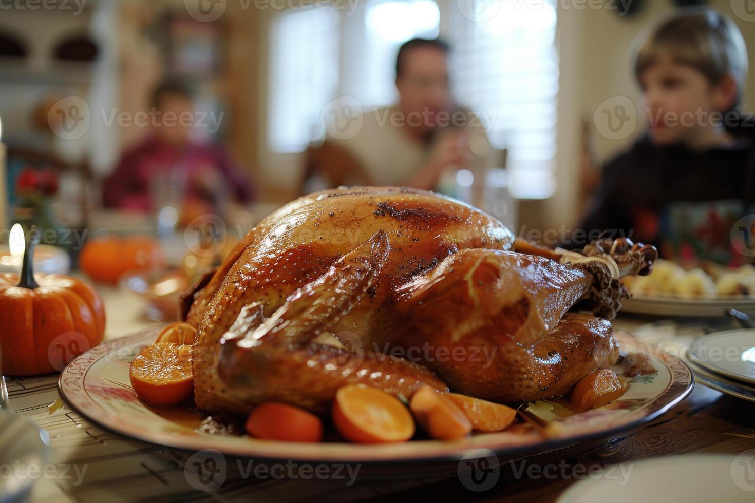 Thanksgiving roast turkey on a dinner table. Blurred family sitting around the table. photo