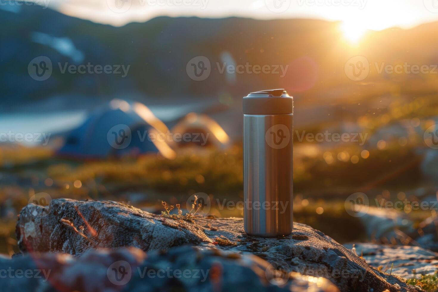 A stainless steel thermos on a stone outdoors. Blurred tourist tent on background. photo