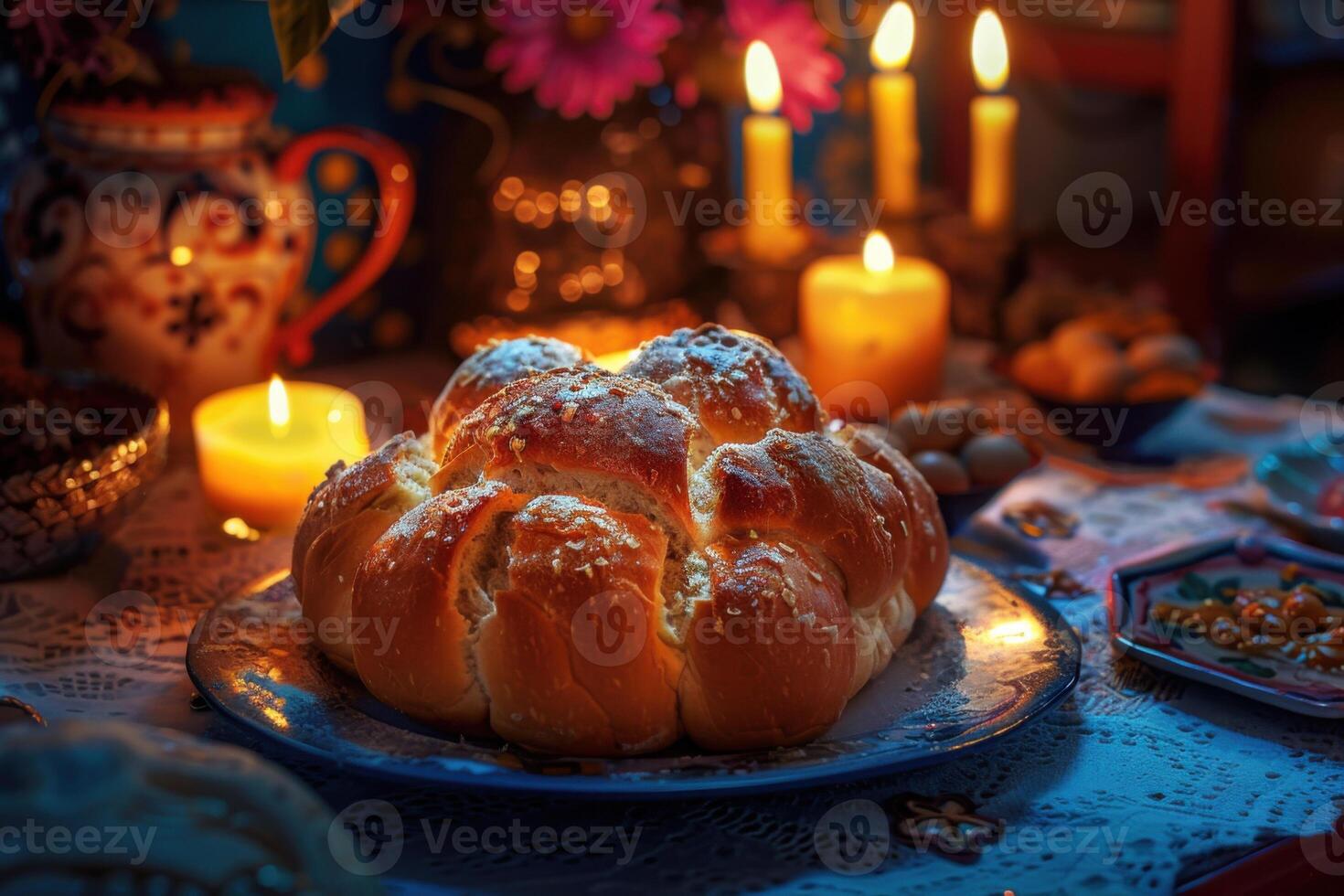 Pan de muerto bread of the dead placed on a altar. Traditional food for Day of the Dead. photo