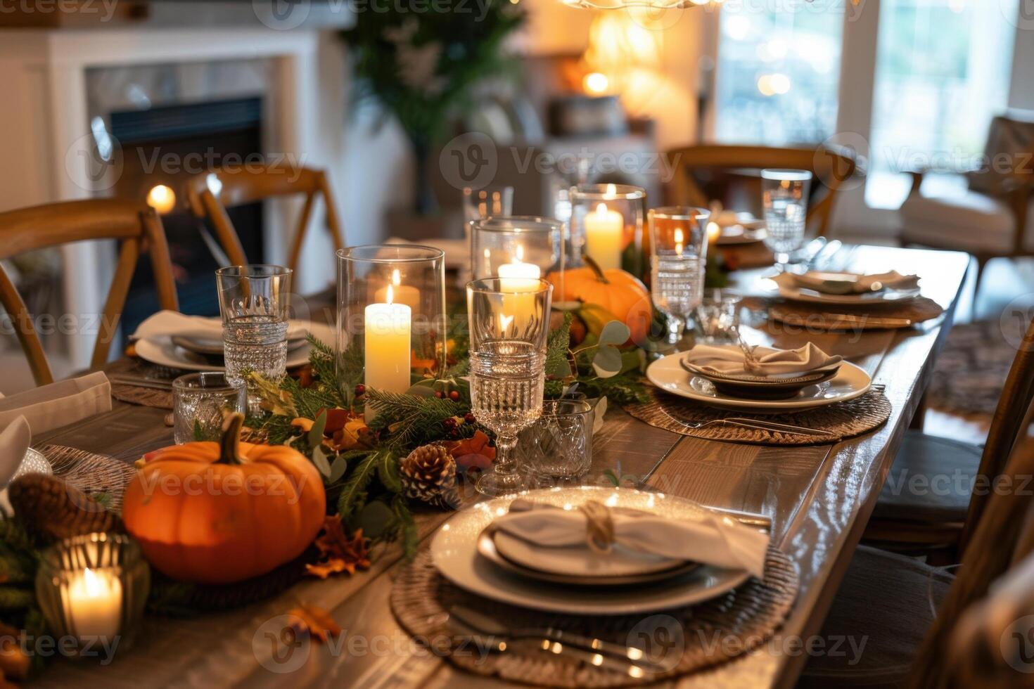 Family dinner table for Thanksgiving. Traditional dishes like turkey on a table. photo