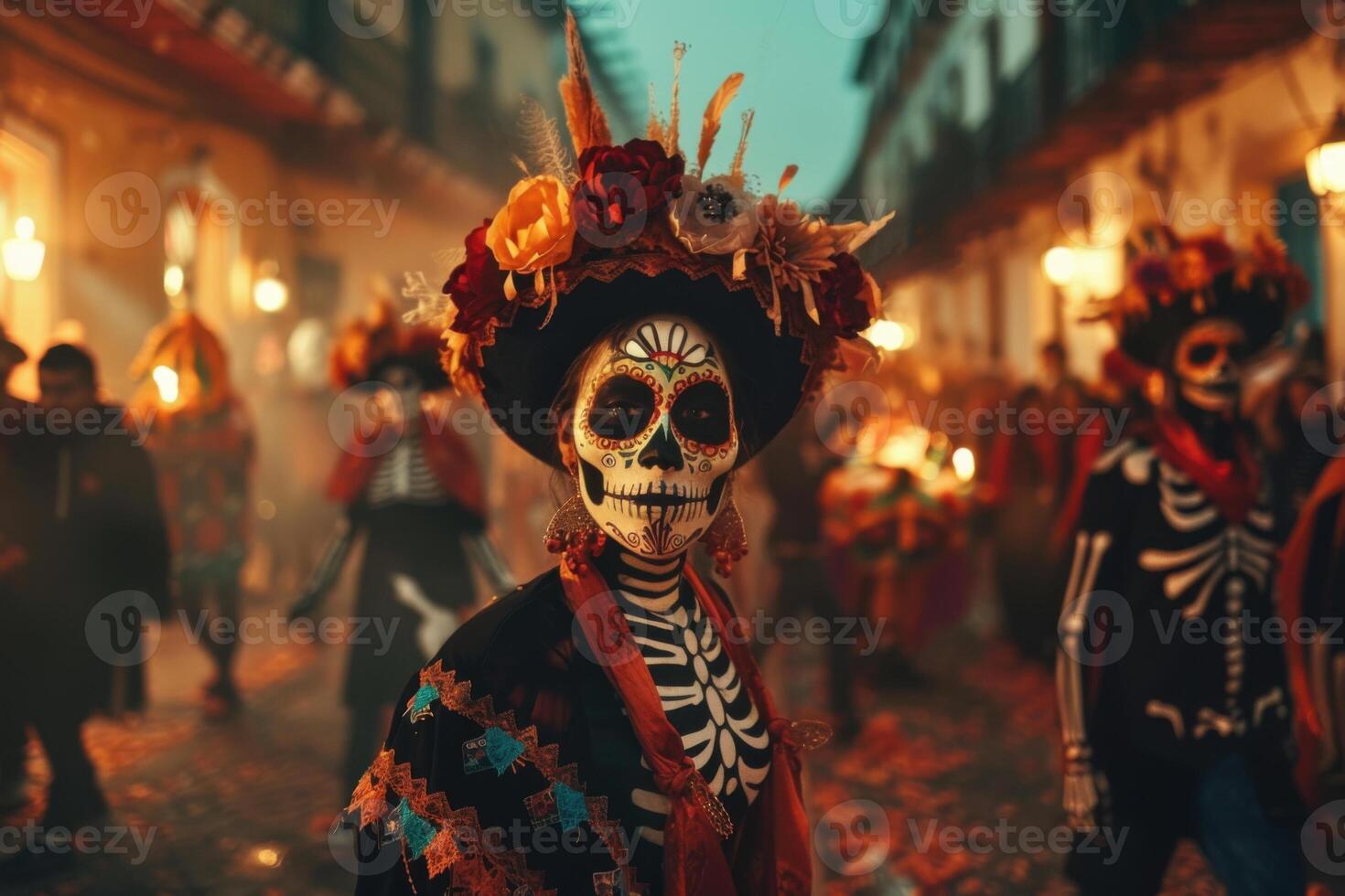 Vibrant parades on a street with floats, skeleton figures, people in full makeup at the Day of the Dead. photo