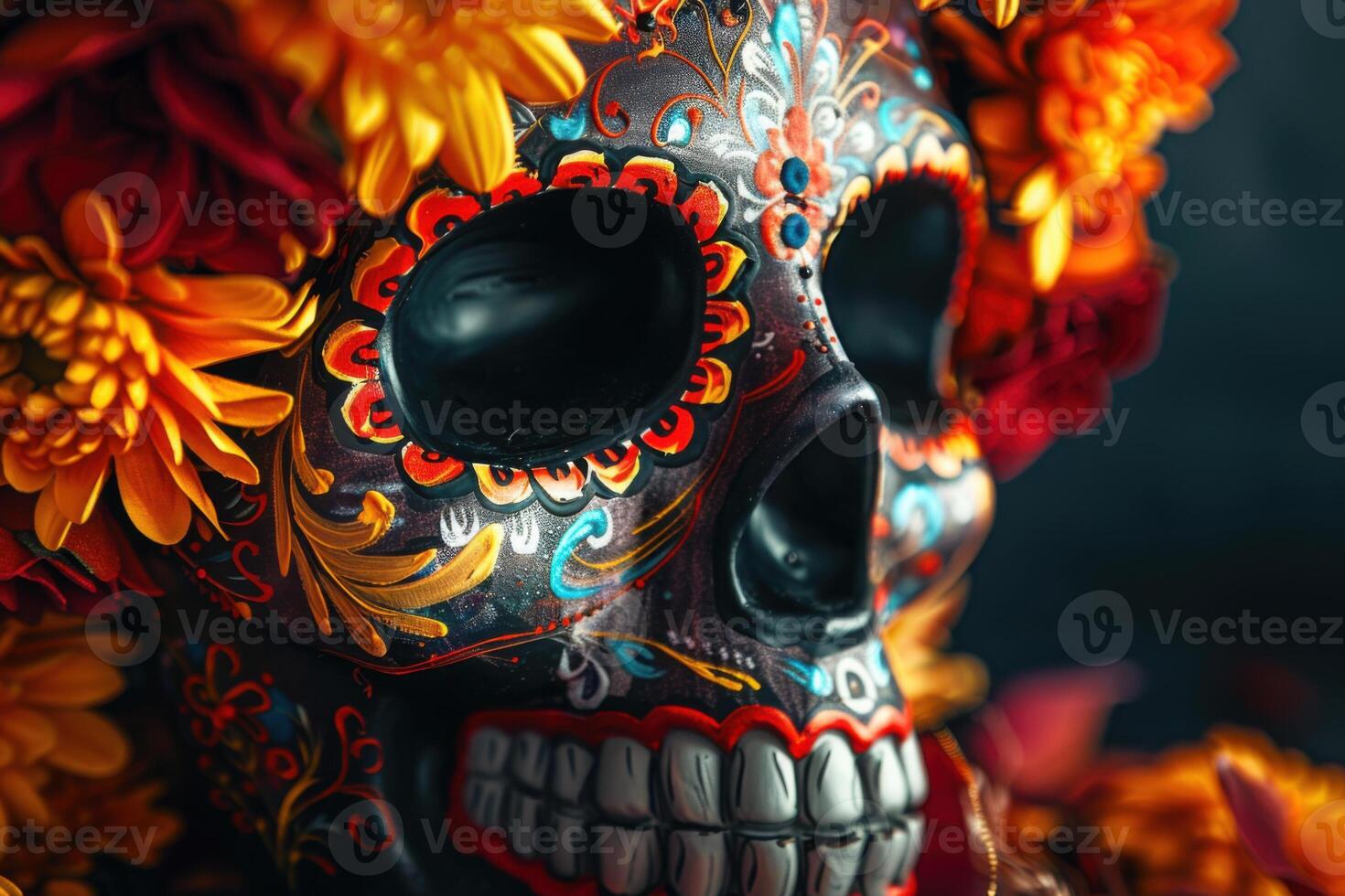 Close up of decorative sugar skull calaveras with bright, intricate patterns, marigold petals, wreaths and garlands for Day of the Dead. photo