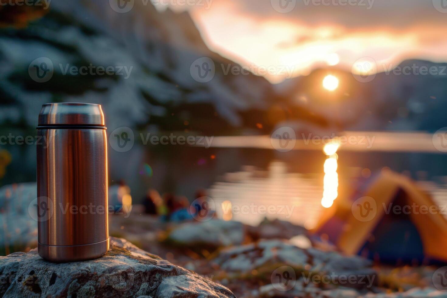 A stainless steel thermos on a stone outdoors. Blurred tourist tent on background. photo
