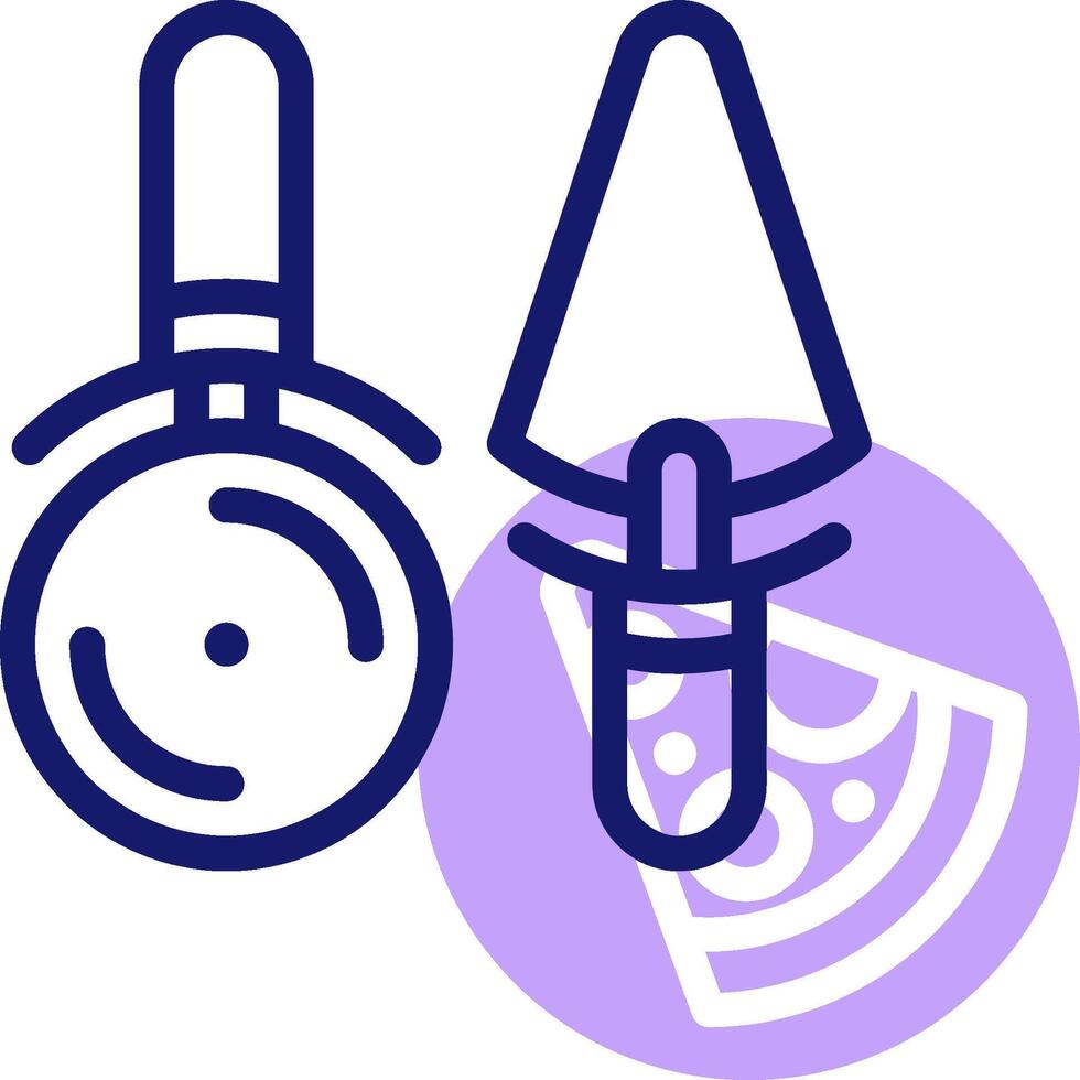 A pizza cutter and a knife are shown in a purple circle vector