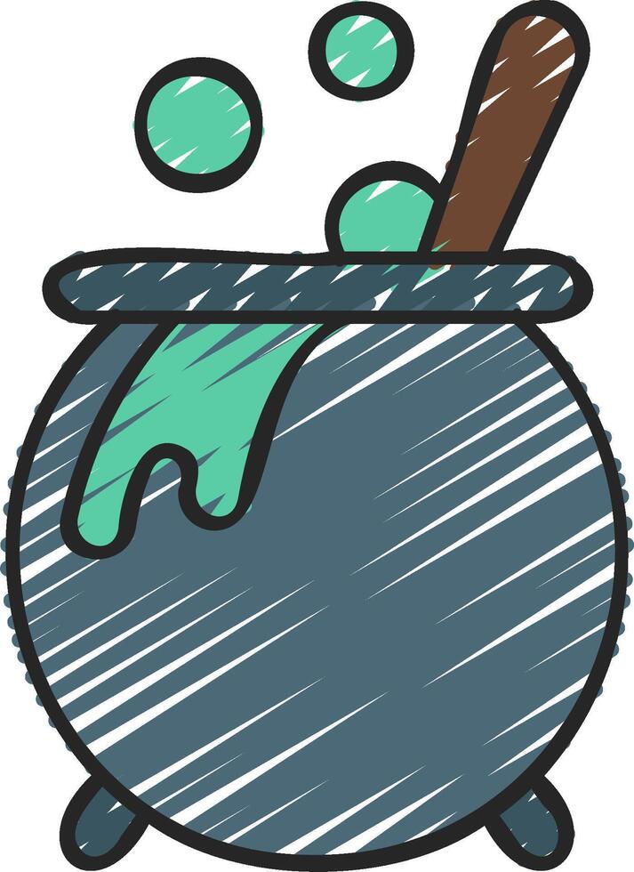A cauldron with a pot of green liquid and a wooden spoon vector