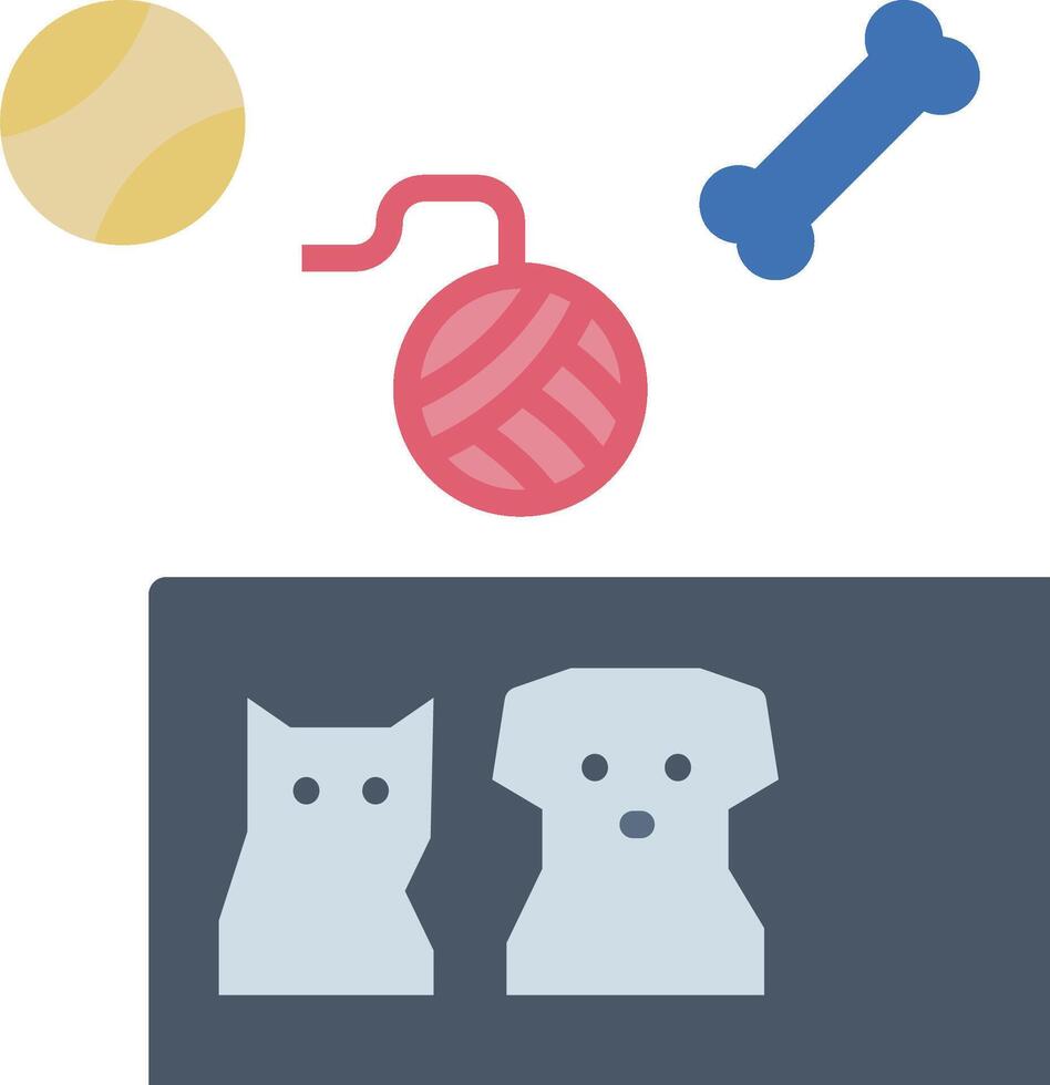 A dog and cat are sitting on a table with a ball, a dog bone, and a vector