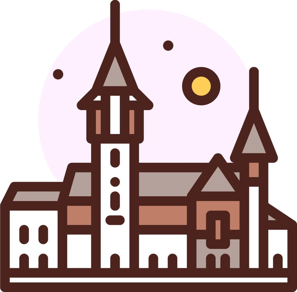 A church with a tower and a moon in the background vector