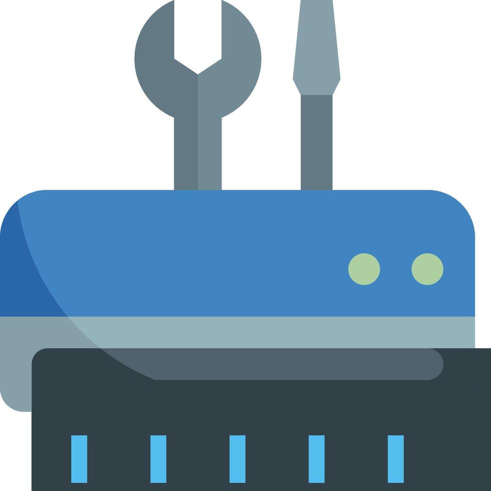 A blue computer with two wrenches on top vector