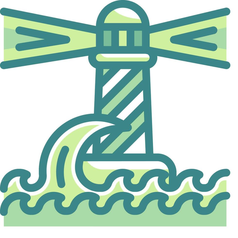 A green and white lighthouse with waves and windmill vector