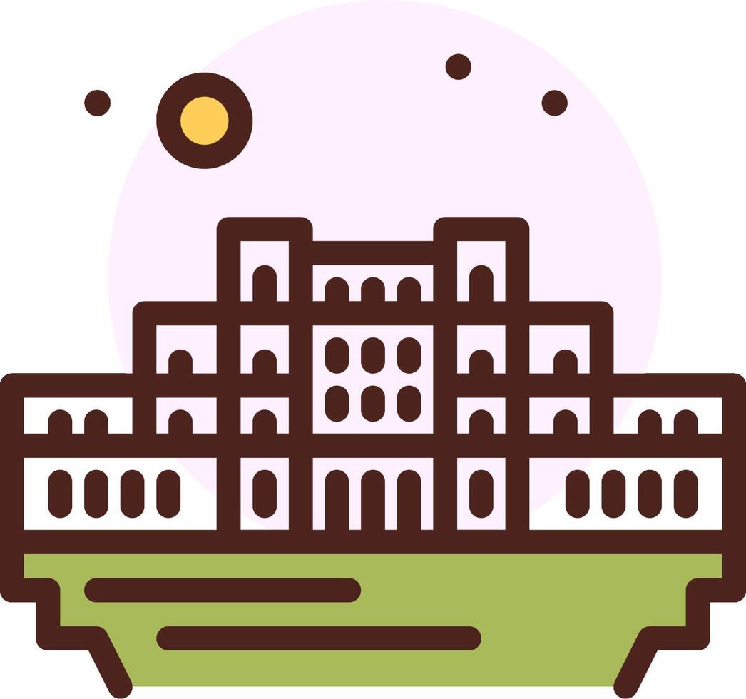 A building with a large roof and a moon in the sky vector