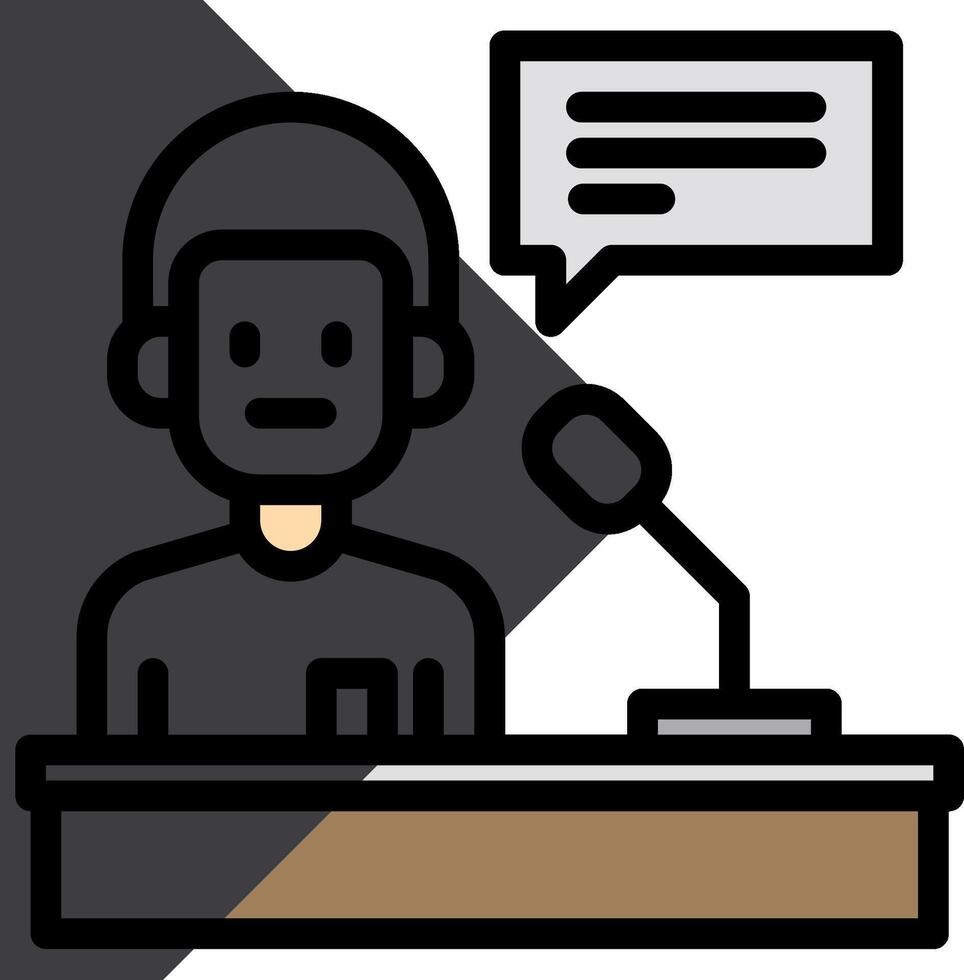 A person sitting at a desk with a microphone and speech bubble vector