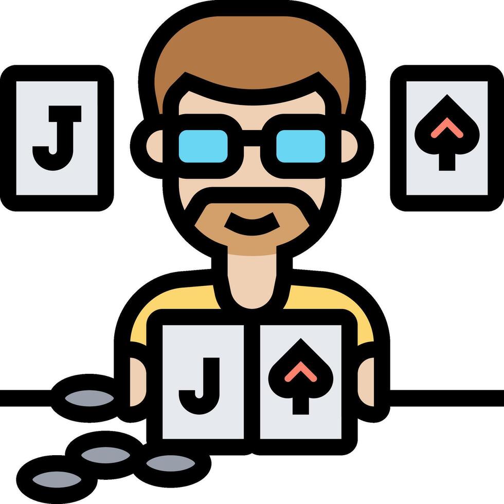 A man with glasses and a poker face is sitting at a table with a stack of cards vector