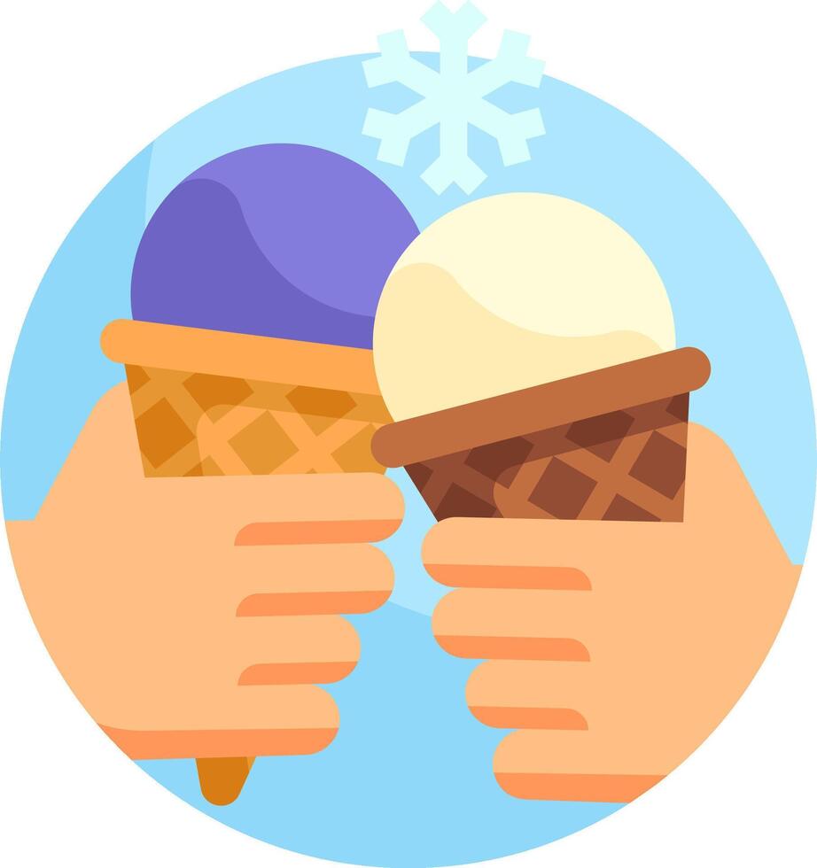 Two hands holding ice cream cones in front of a blue circle vector