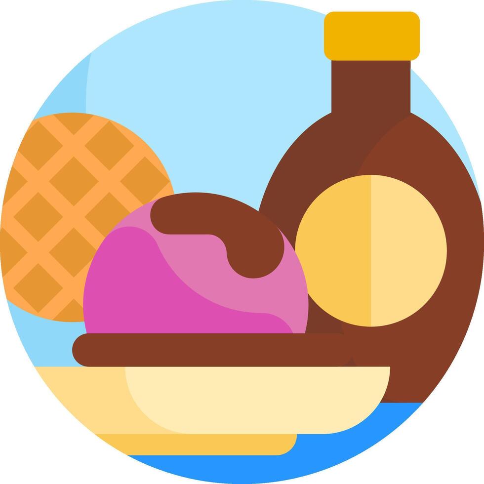 An illustration of a waffle, ice cream and a bottle of syrup vector