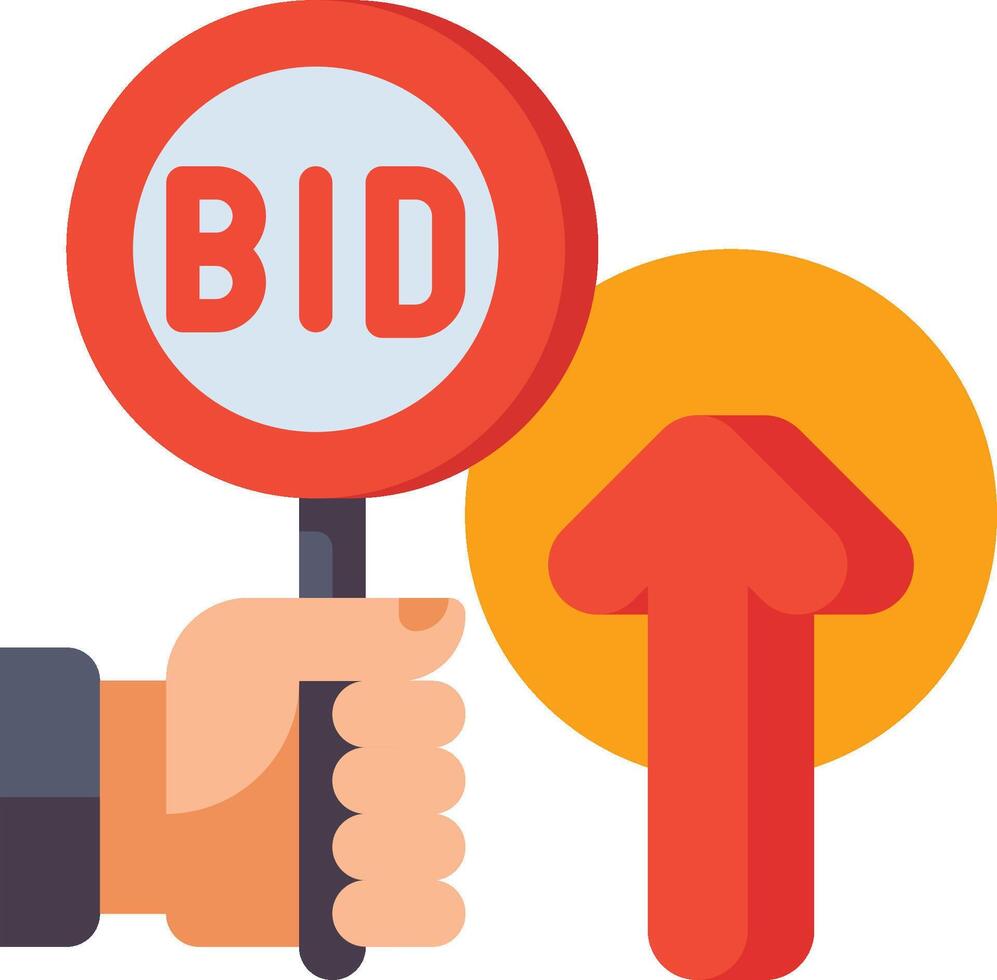 Bid sign with an arrow pointing up and a hand holding a bid sign vector