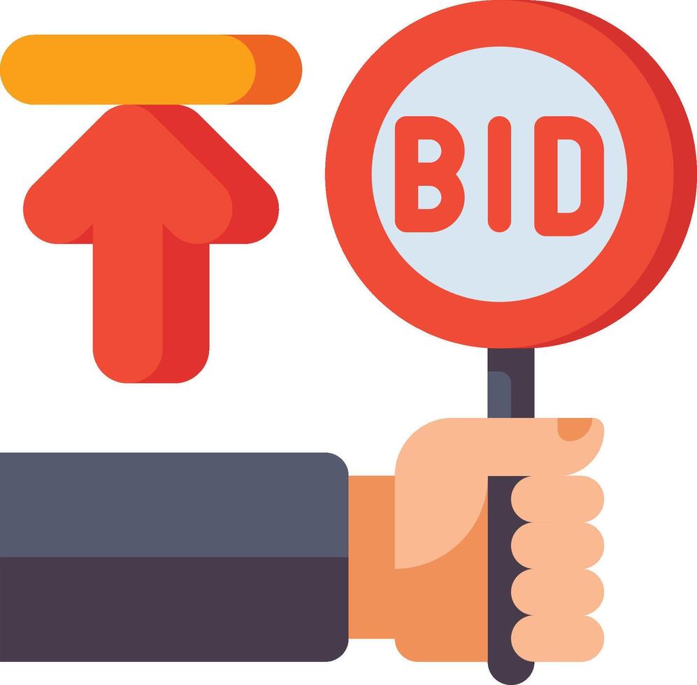 A hand holding a bid sign and an arrow pointing up vector