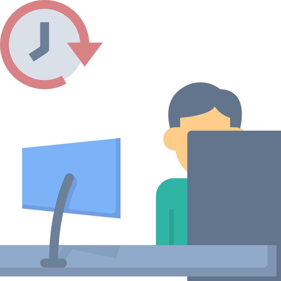 A man is sitting at a desk with a computer and a clock vector