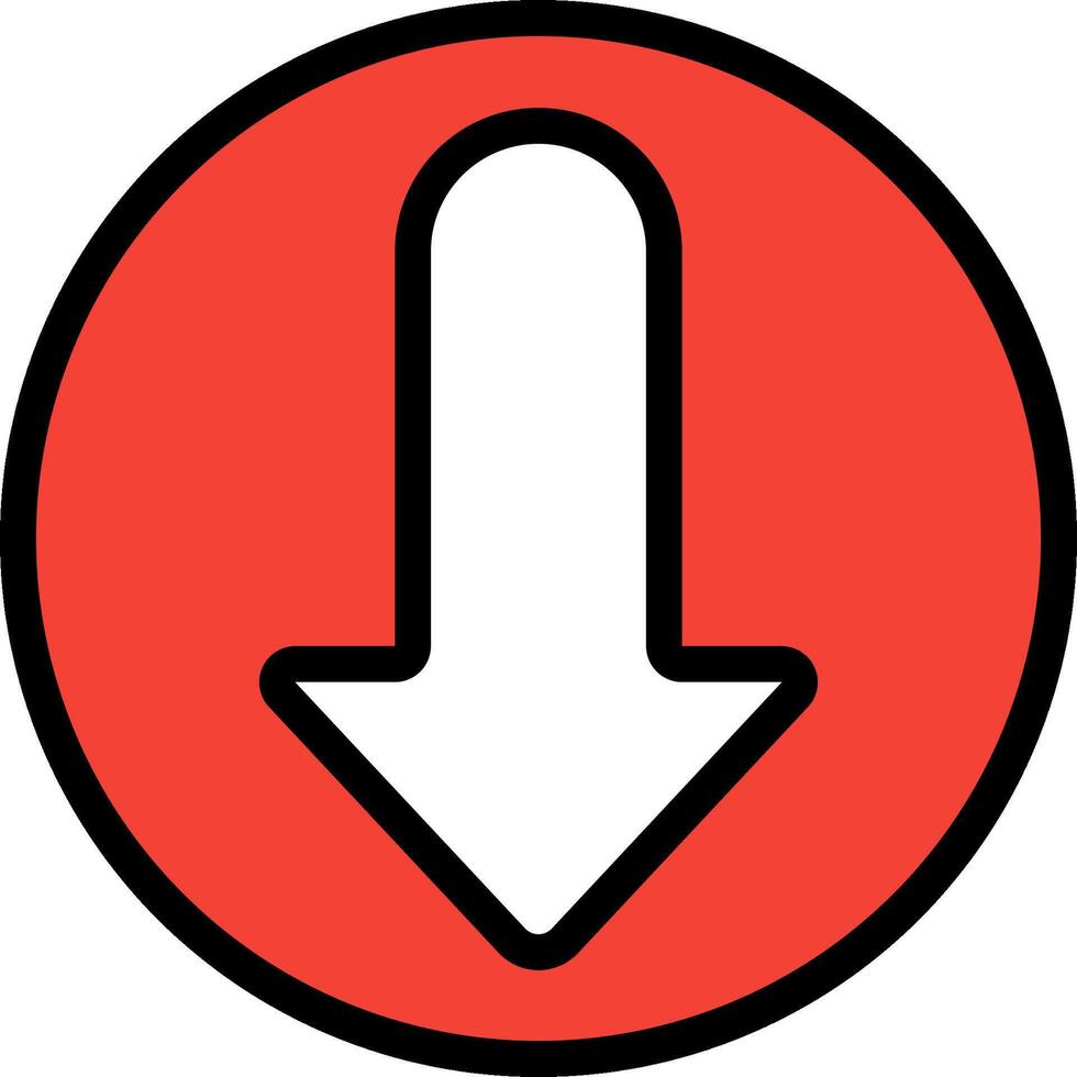 A red and white arrow pointing down in a circle vector