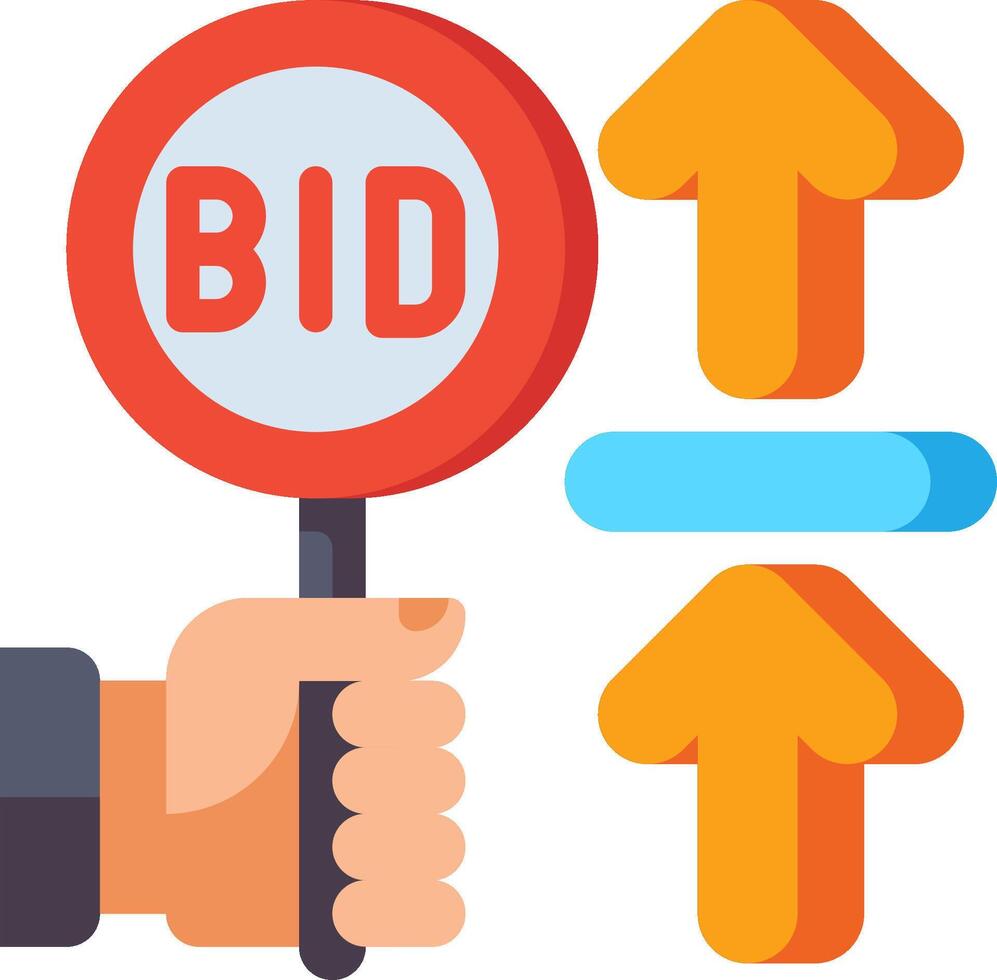A hand holding a bid sign and an arrow pointing up vector