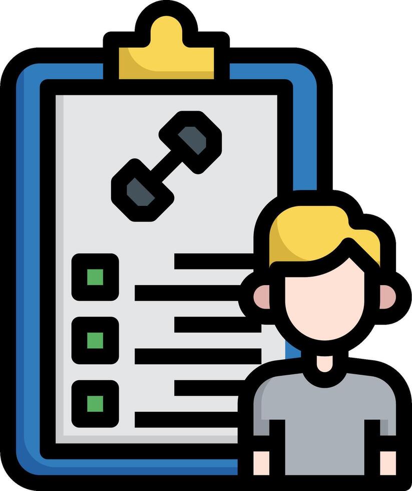 A man is standing in front of a clipboard with a barbell vector