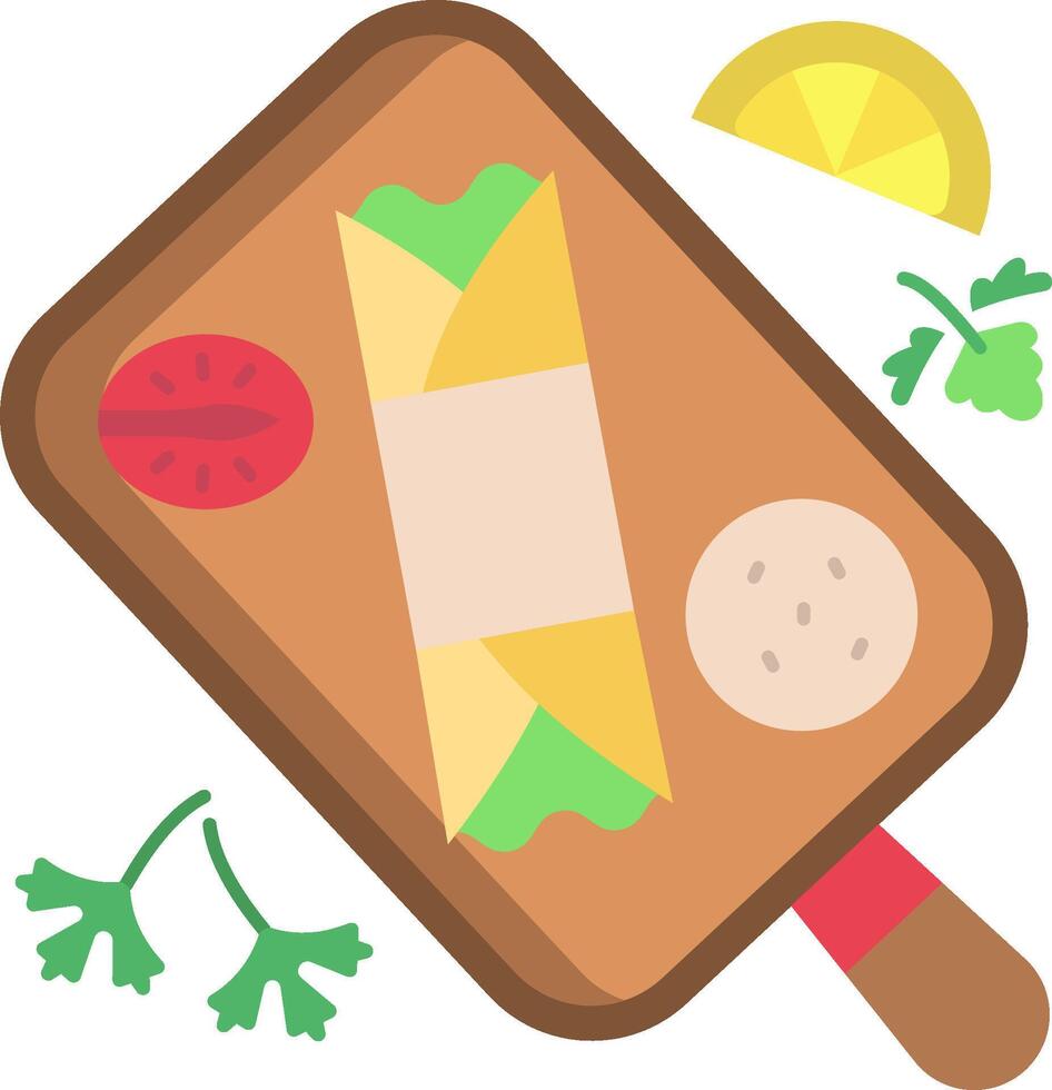 A cutting board with a sandwich and other food vector