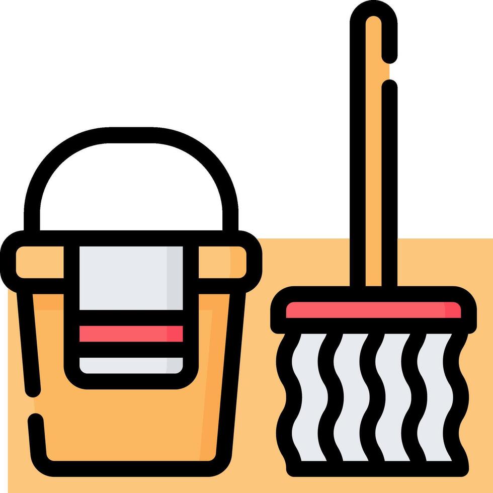 A bucket and broom are shown in a flat line vector