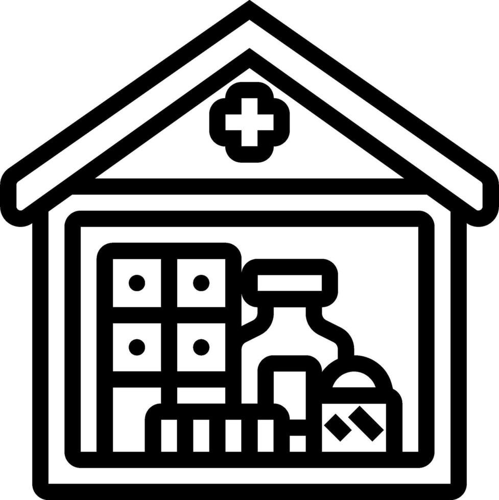 A black and white illustration of a house with a medical supplies vector