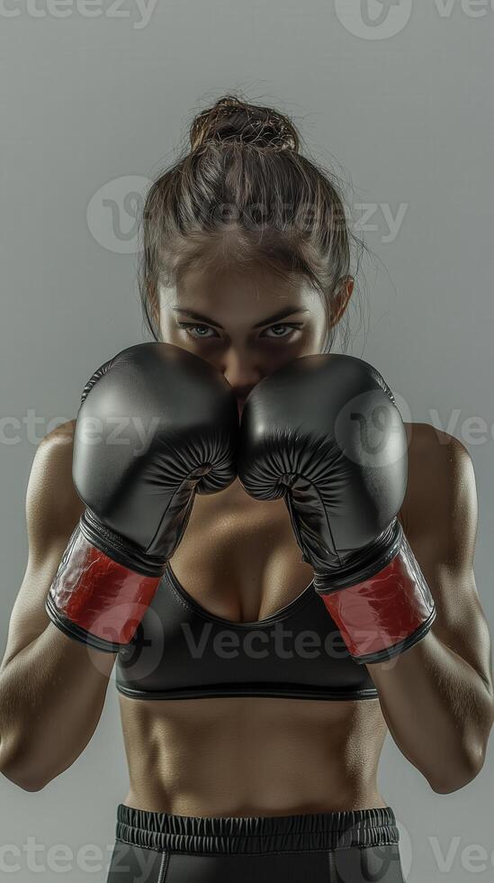 Confident female boxer with black gloves in strong stance, showing power, fitness, and determination photo