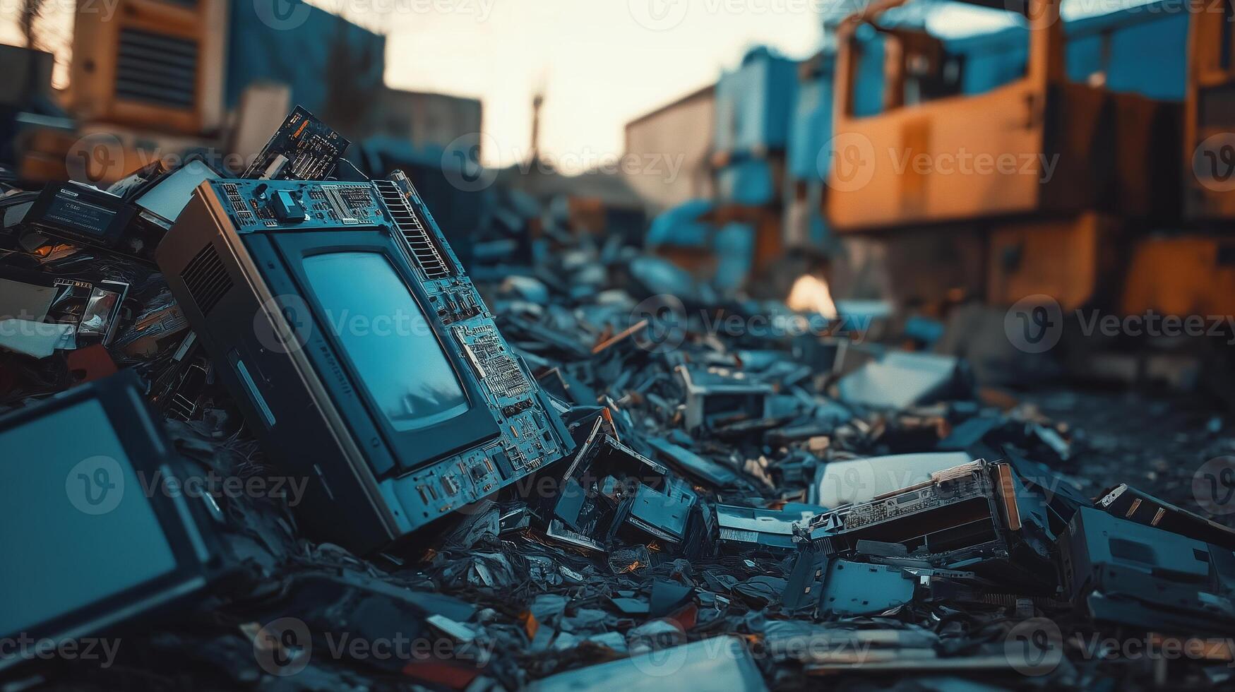 Massive pile of discarded electronics and circuit boards, highlighting e-waste. environmental issues photo