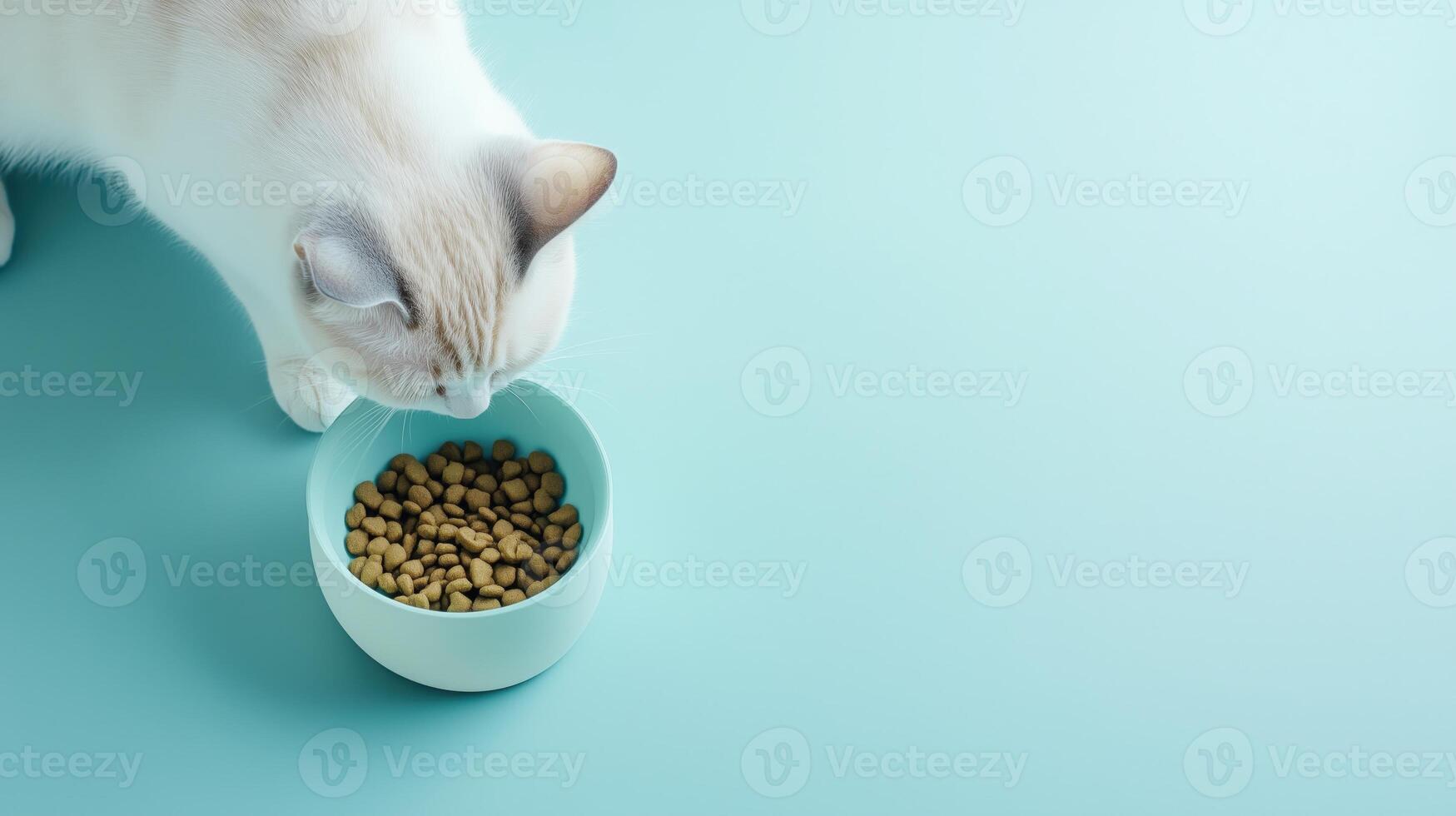 Cat eating kibble from a bowl on a blue background. top-down view showcasing healthy pet nutrition photo